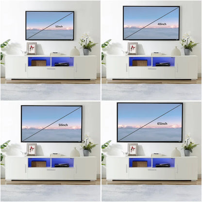 White 62.99  TV Stand with LED Lights, Cabinets, and Open Shelves for TVs Up to 65