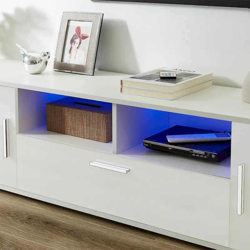 White 62.99  TV Stand with LED Lights, Cabinets, and Open Shelves for TVs Up to 65