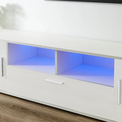 White 62.99  TV Stand with LED Lights, Cabinets, and Open Shelves for TVs Up to 65