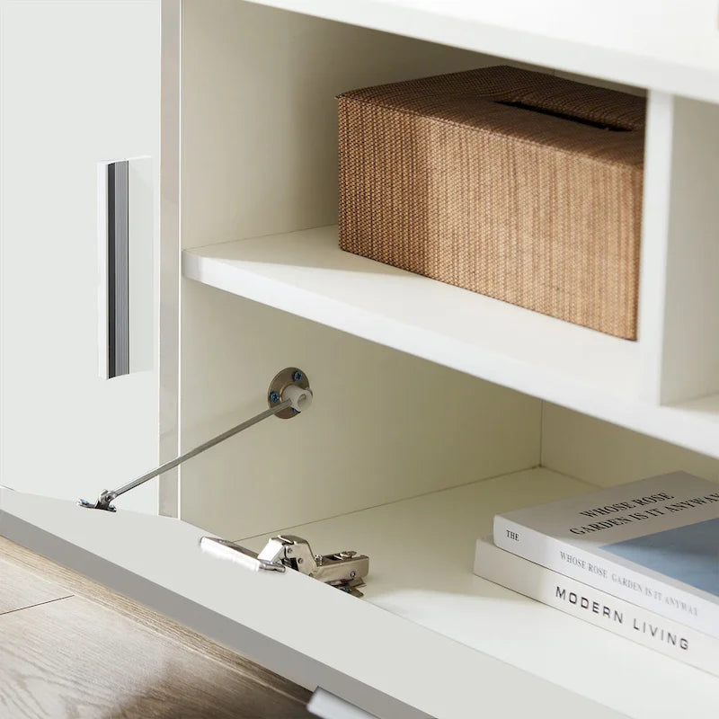 White 62.99  TV Stand with LED Lights, Cabinets, and Open Shelves for TVs Up to 65