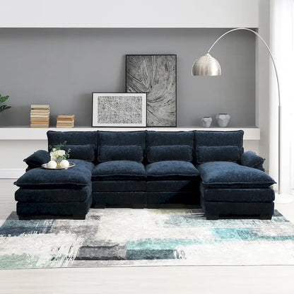 Blue Chenille 6-Seat Modular U-Shaped Sleeper Sectional Sofa with Chaise