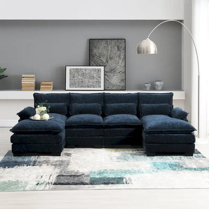 Blue Chenille 6-Seat Modular U-Shaped Sleeper Sectional Sofa with Chaise