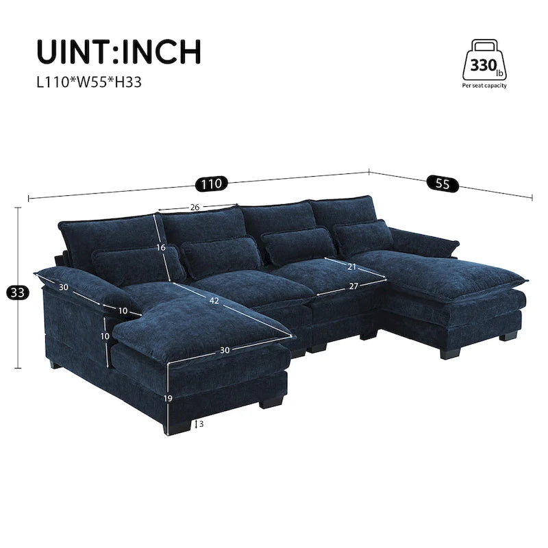 Blue Chenille 6-Seat Modular U-Shaped Sleeper Sectional Sofa with Chaise