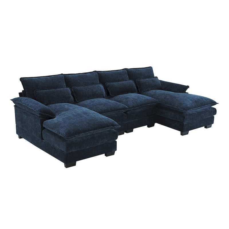 Blue Chenille 6-Seat Modular U-Shaped Sleeper Sectional Sofa with Chaise
