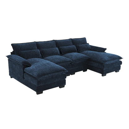 Blue Chenille 6-Seat Modular U-Shaped Sleeper Sectional Sofa with Chaise