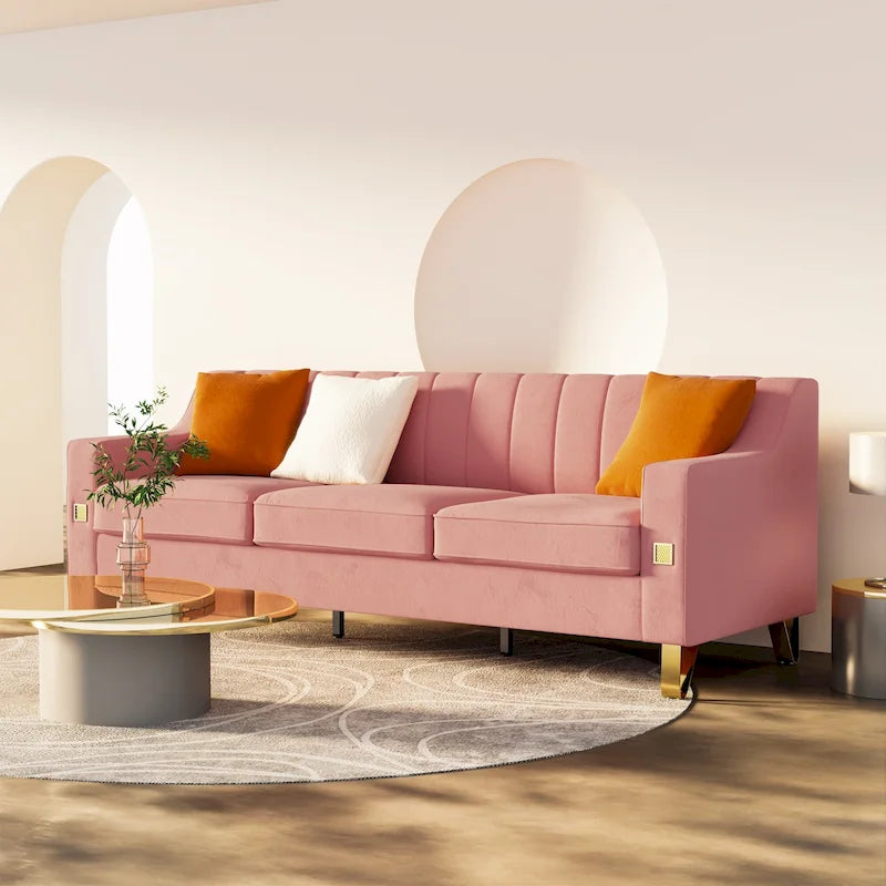 Luxury pink Velvet Sofa with Gold Accents - Modern 3-Seat Couch with Plush Cushions