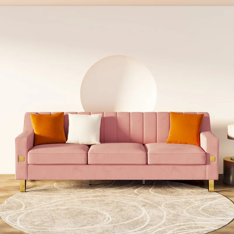 Luxury pink Velvet Sofa with Gold Accents - Modern 3-Seat Couch with Plush Cushions