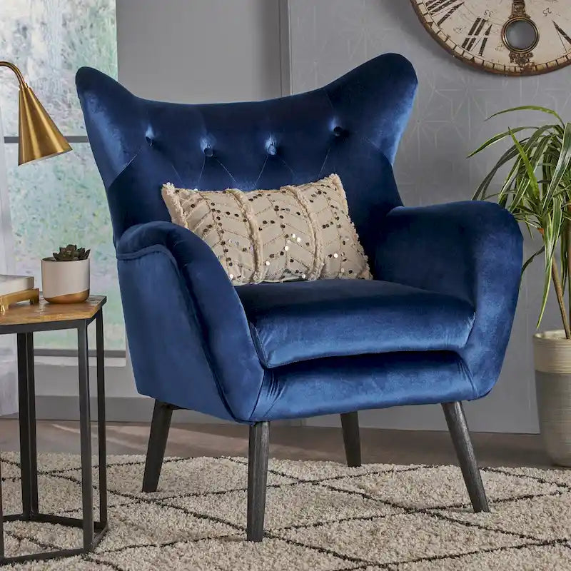 Navy Blue 34.25  Velvet Wingback Arm Chair