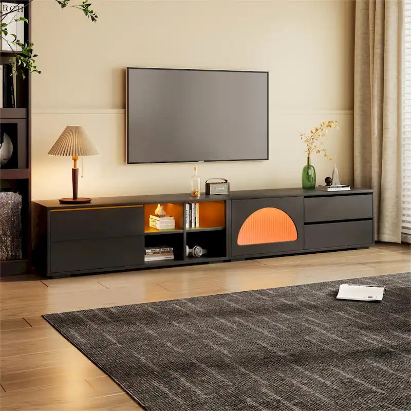 Modern TV Stand with Fluted Glass Door for TVs Up to 100 , Media Console with Sliding Door & 2 Drawers