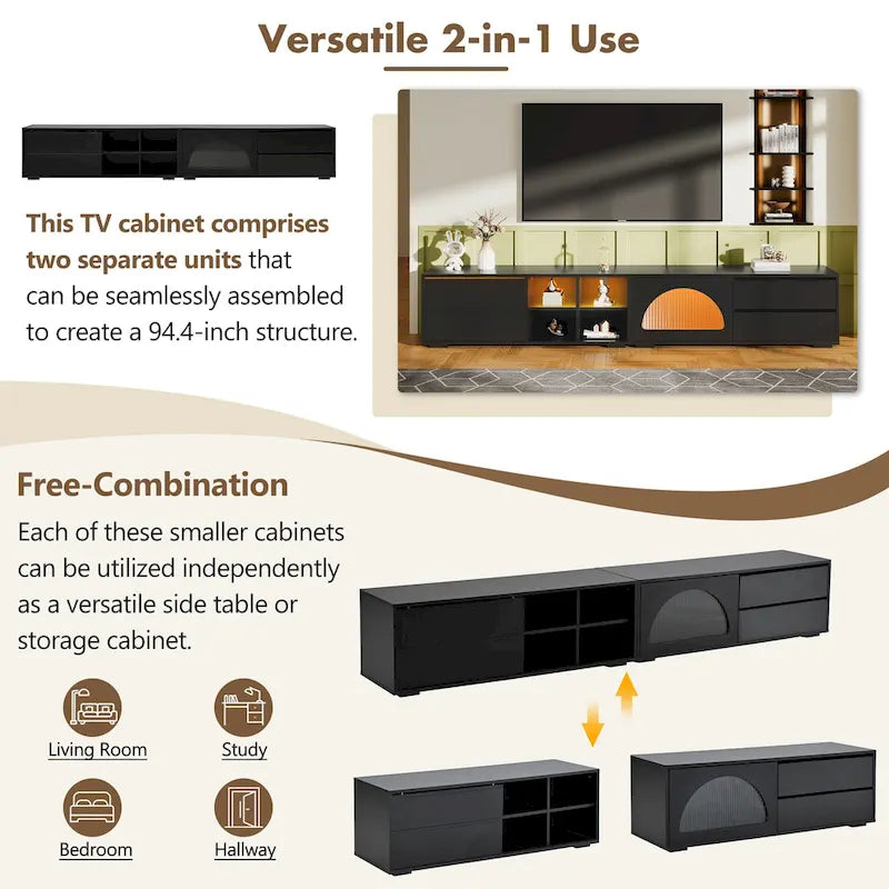 Modern TV Stand with Fluted Glass Door for TVs Up to 100 , Media Console with Sliding Door & 2 Drawers