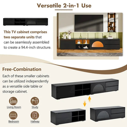 Modern TV Stand with Fluted Glass Door for TVs Up to 100 , Media Console with Sliding Door & 2 Drawers