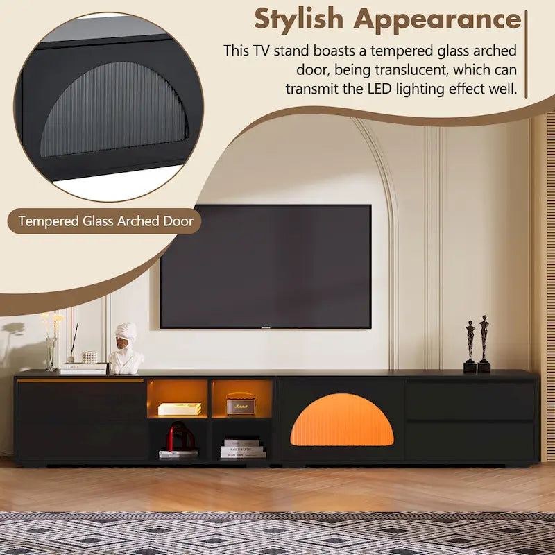 Modern TV Stand with Fluted Glass Door for TVs Up to 100 , Media Console with Sliding Door & 2 Drawers