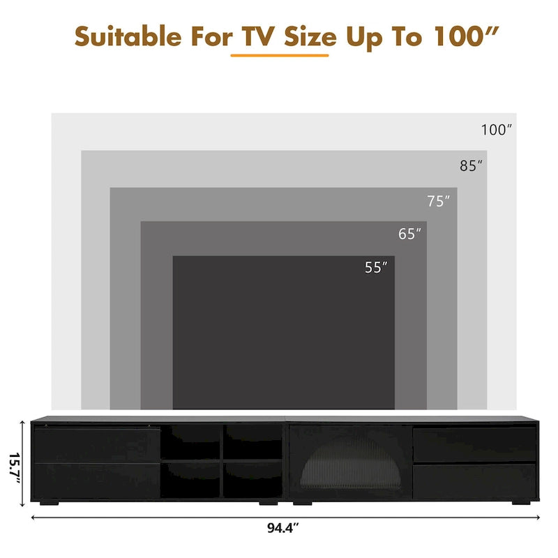 Modern TV Stand with Fluted Glass Door for TVs Up to 100 , Media Console with Sliding Door & 2 Drawers