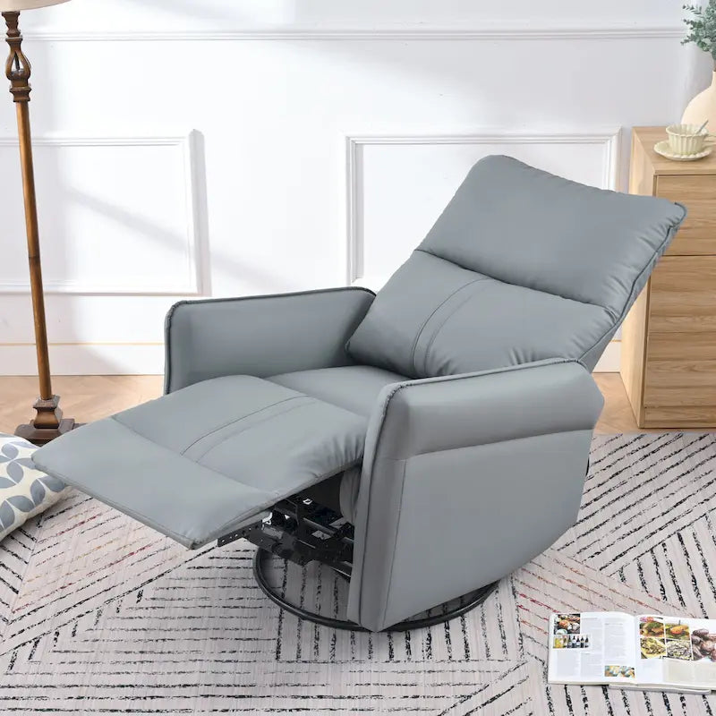 Blue-Gray PU Leather Swivel Glider Rocker Recliner with Pockets, Backrest