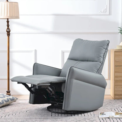 Blue-Gray PU Leather Swivel Glider Rocker Recliner with Pockets, Backrest