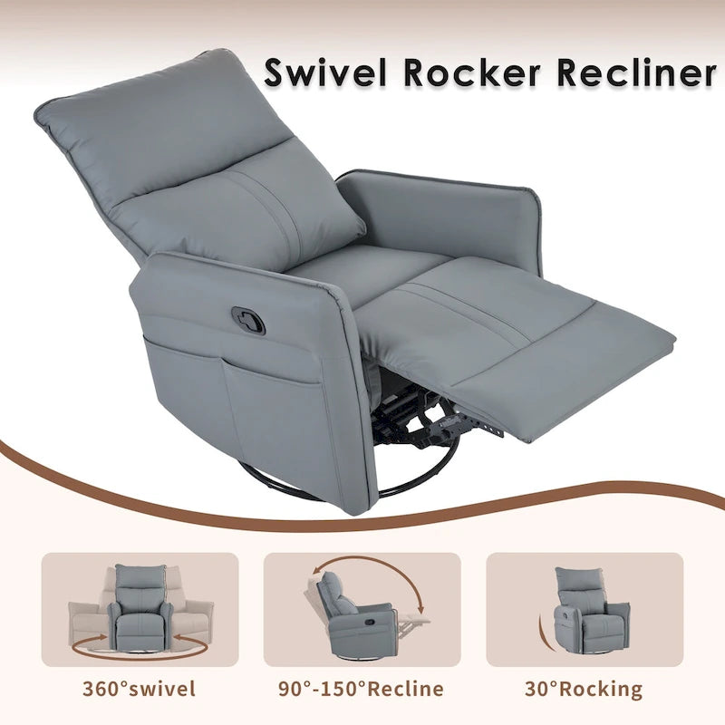 Blue-Gray PU Leather Swivel Glider Rocker Recliner with Pockets, Backrest