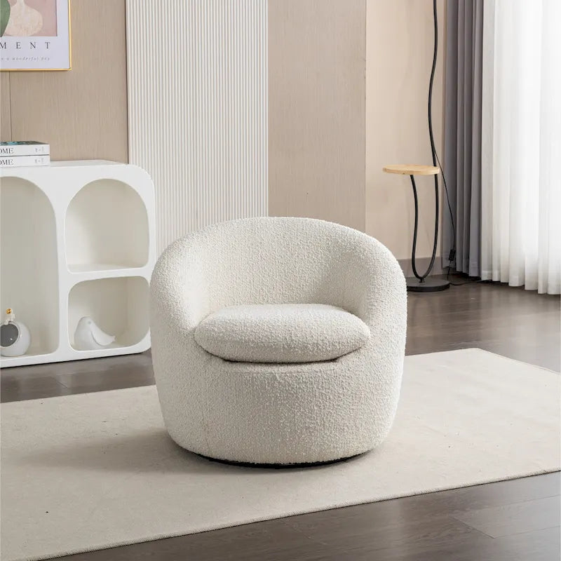 Cream White 31  Boucle Upholstered Barrel Chair with Swivel Base