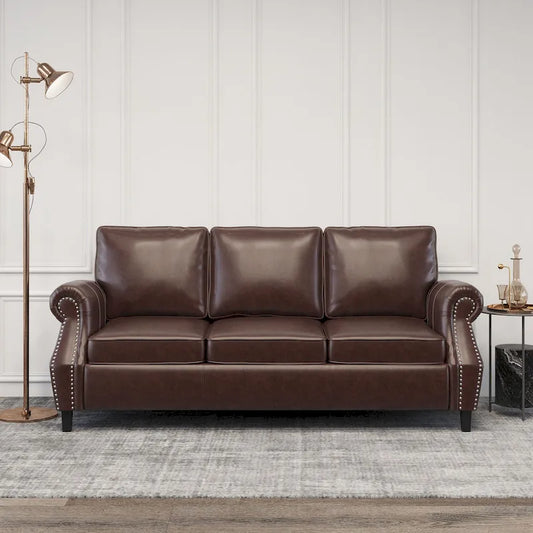 Dark Brown Modern 80  Faux Leather 3-Seater Sofa with Birch Wood Legs and Nailheads