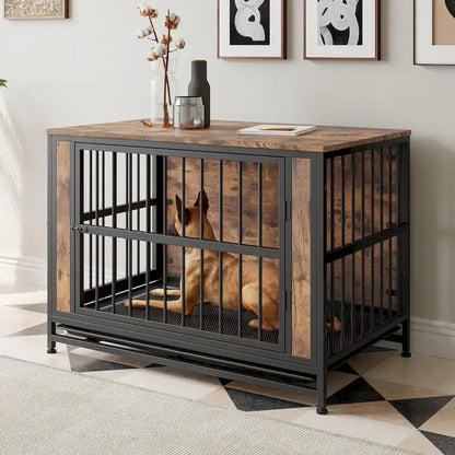 Dog Crate Furniture,Wooden Dog Crate Table,38.9  Dog Kennel with 2 Sliding Doors and Thick Iron Door Frame,Decorative Pet House