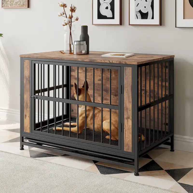Dog Crate Furniture,Wooden Dog Crate Table,38.9  Dog Kennel with 2 Sliding Doors and Thick Iron Door Frame,Decorative Pet House