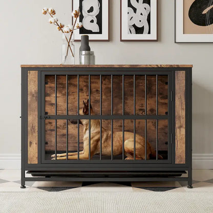 Dog Crate Furniture,Wooden Dog Crate Table,38.9  Dog Kennel with 2 Sliding Doors and Thick Iron Door Frame,Decorative Pet House