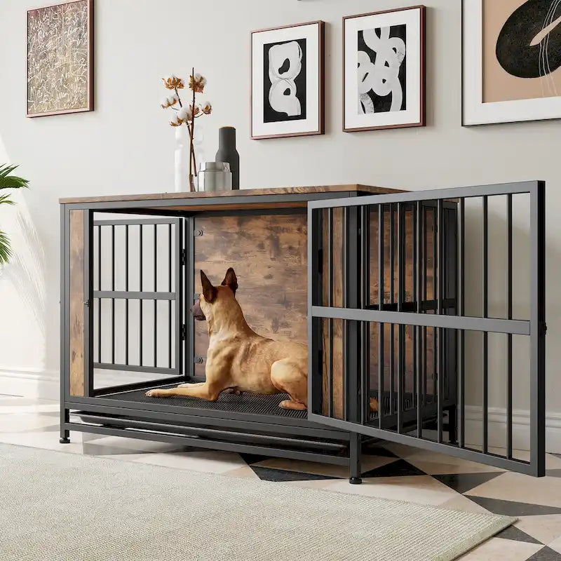 Dog Crate Furniture,Wooden Dog Crate Table,38.9  Dog Kennel with 2 Sliding Doors and Thick Iron Door Frame,Decorative Pet House