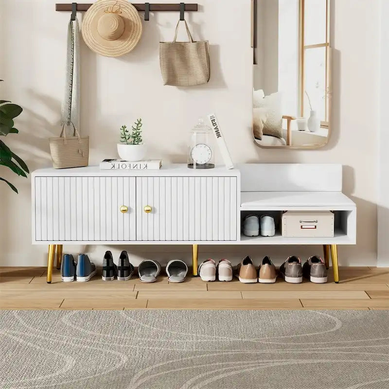 Modern Shoe Storage Bench with Hidden Storage and Upholstered Cushions
