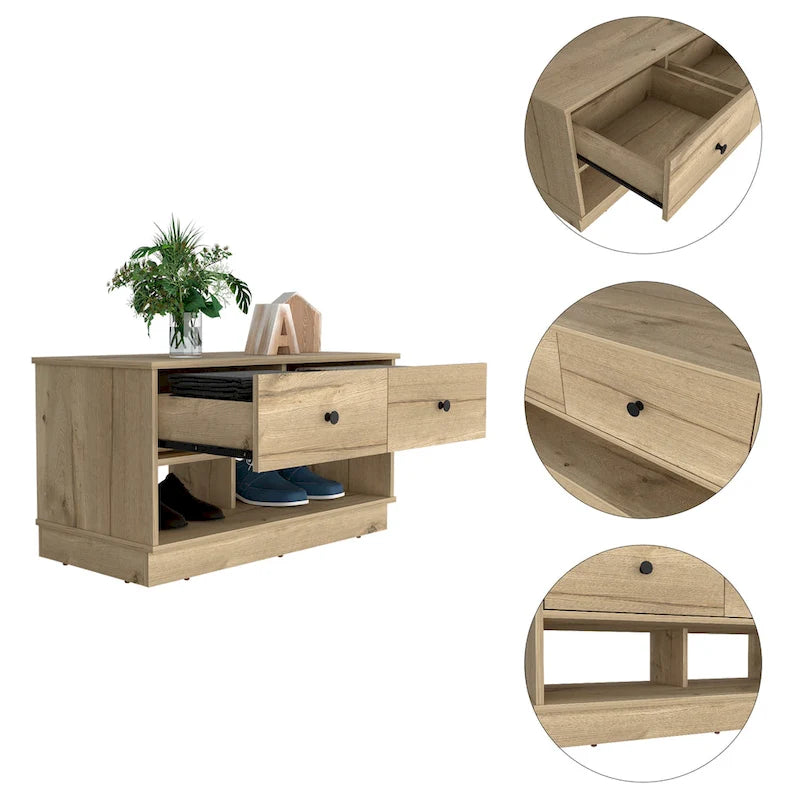 Storage Bench, Lower Shelf, Two Drawers, Light Oak Finish