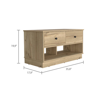 Storage Bench, Lower Shelf, Two Drawers, Light Oak Finish