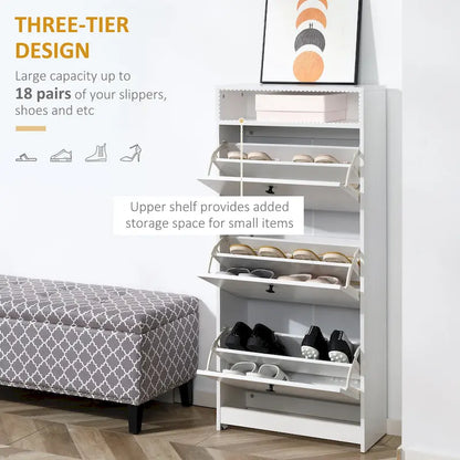 Slim Shoe Cabinet, Trendy Shoe Storage Cabinet with 3 Large Fold-Out Drawers & a Spacious Top Surface for Small Items, White