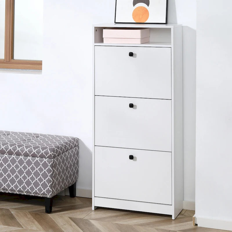 Slim Shoe Cabinet, Trendy Shoe Storage Cabinet with 3 Large Fold-Out Drawers & a Spacious Top Surface for Small Items, White