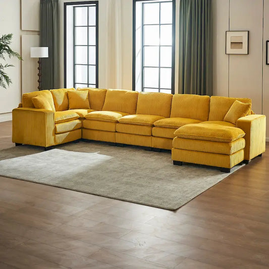 Yellow 118.1  Luxurious U-Shaped 6-Seat Sectional Sofa with Ottoman and 3 Throw Pillows in Durable Corduroy