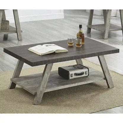 Contemporary Two-Tone Wood Shelf Coffee Table in Weathered for Living Room
