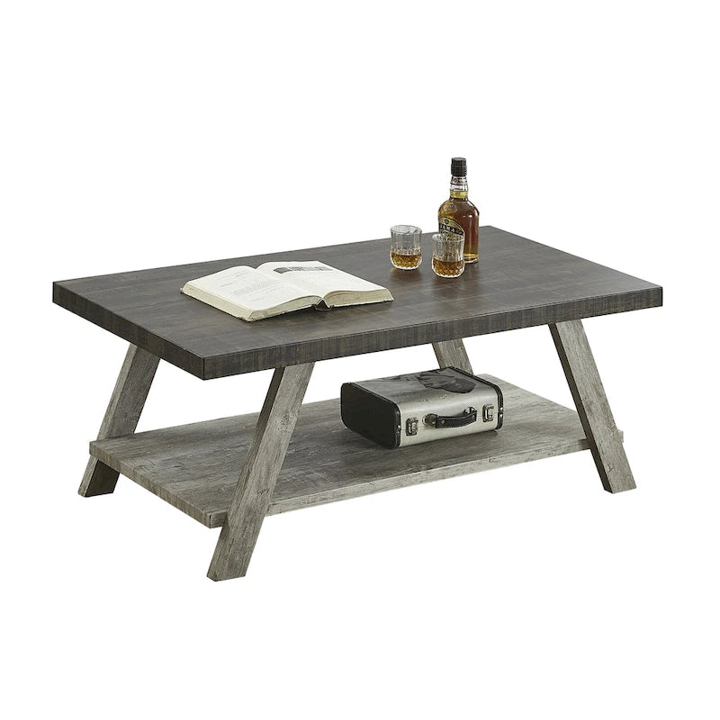 Contemporary Two-Tone Wood Shelf Coffee Table in Weathered for Living Room