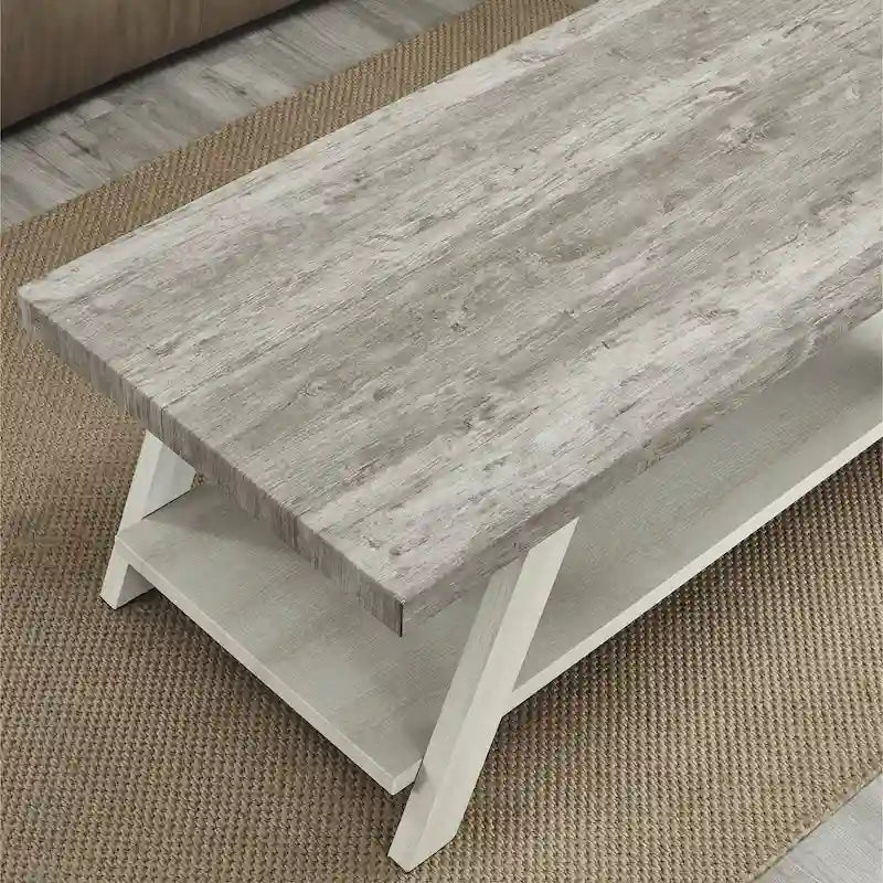 Contemporary Two-Tone Wood Shelf Coffee Table in Weathered for Living Room