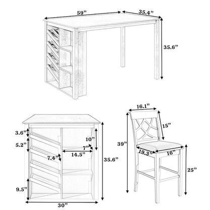 Counter Height 5-Piece Dining Set with Wine Rack, 4 Upholstered Chairs