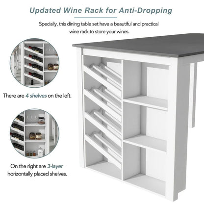 Counter Height 5-Piece Dining Set with Wine Rack, 4 Upholstered Chairs