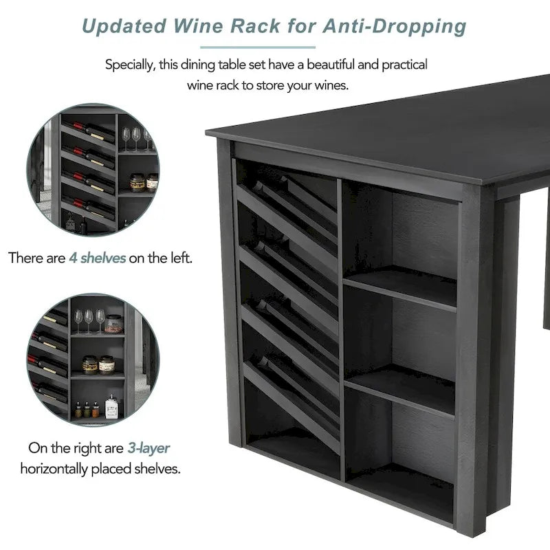 Counter Height 5-Piece Dining Set with Wine Rack, 4 Upholstered Chairs