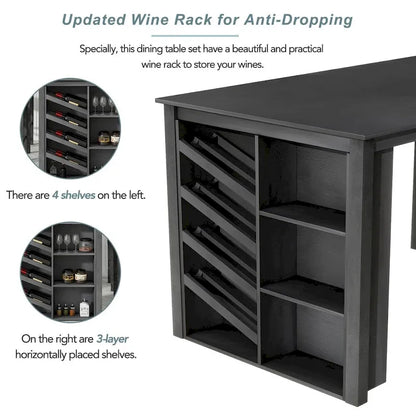 Counter Height 5-Piece Dining Set with Wine Rack, 4 Upholstered Chairs