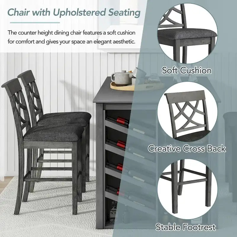 Counter Height 5-Piece Dining Set with Wine Rack, 4 Upholstered Chairs