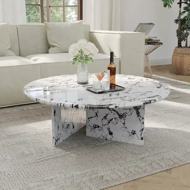 35.43 Modern Round Coffee Table,Glossy Faux Marble Table top