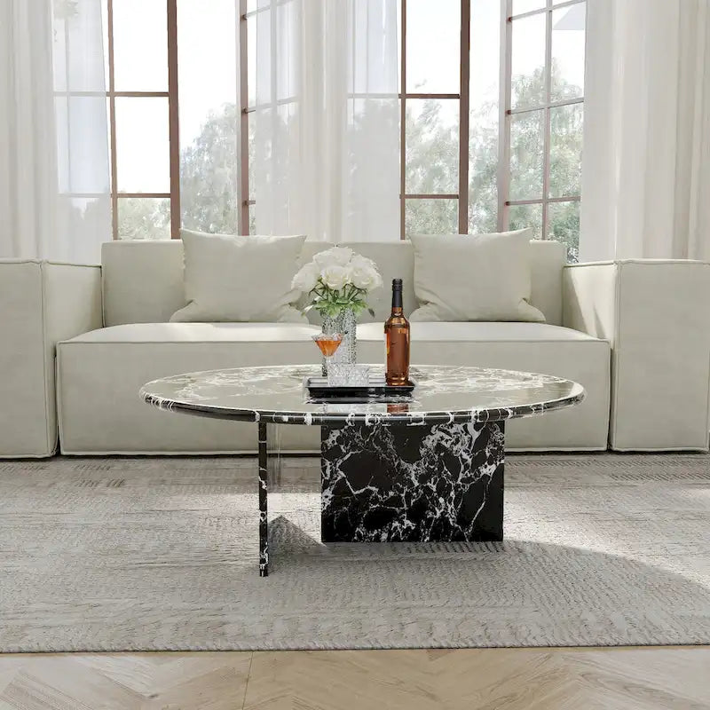 35.43 Modern Round Coffee Table,Glossy Faux Marble Table top
