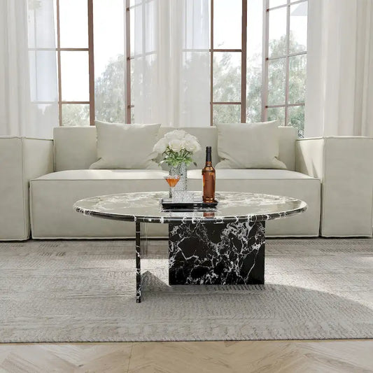 35.43 Modern Round Coffee Table,Glossy Faux Marble Table top