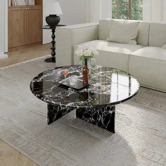 35.43 Modern Round Coffee Table,Glossy Faux Marble Table top