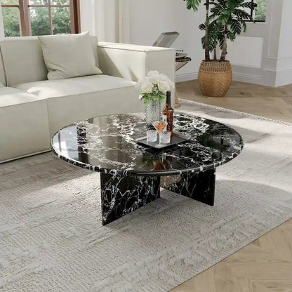 35.43 Modern Round Coffee Table,Glossy Faux Marble Table top