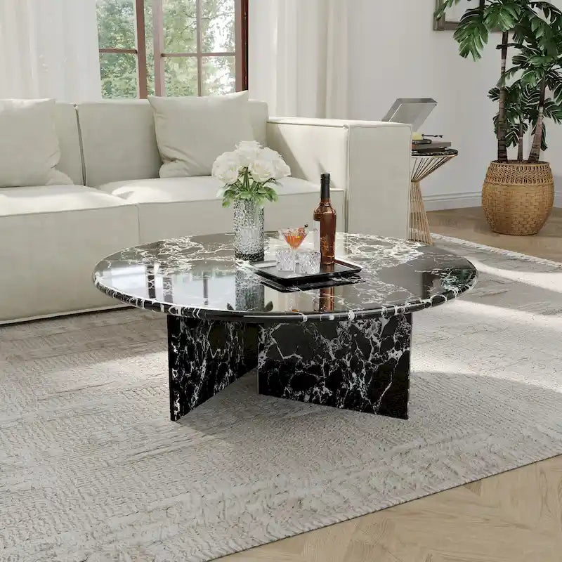 35.43 Modern Round Coffee Table,Glossy Faux Marble Table top