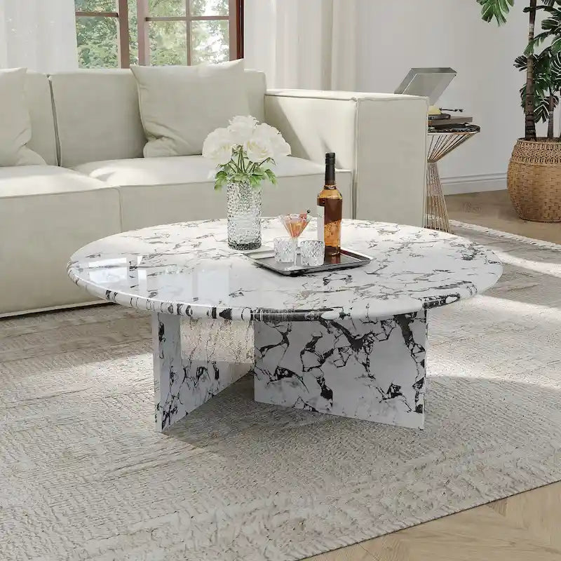 35.43 Modern Round Coffee Table,Glossy Faux Marble Table top