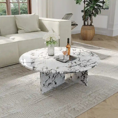 35.43 Modern Round Coffee Table,Glossy Faux Marble Table top