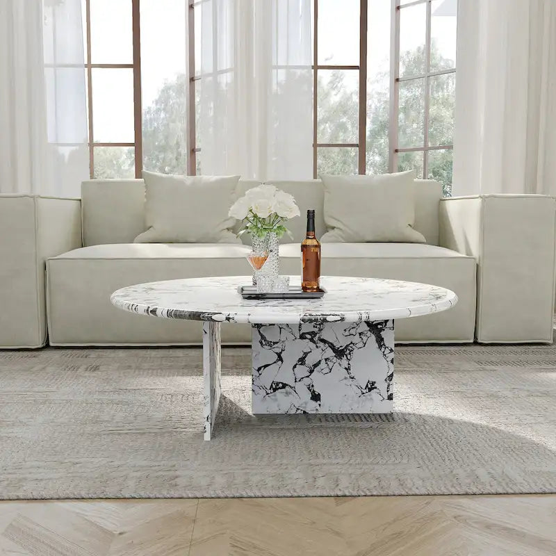 35.43 Modern Round Coffee Table,Glossy Faux Marble Table top