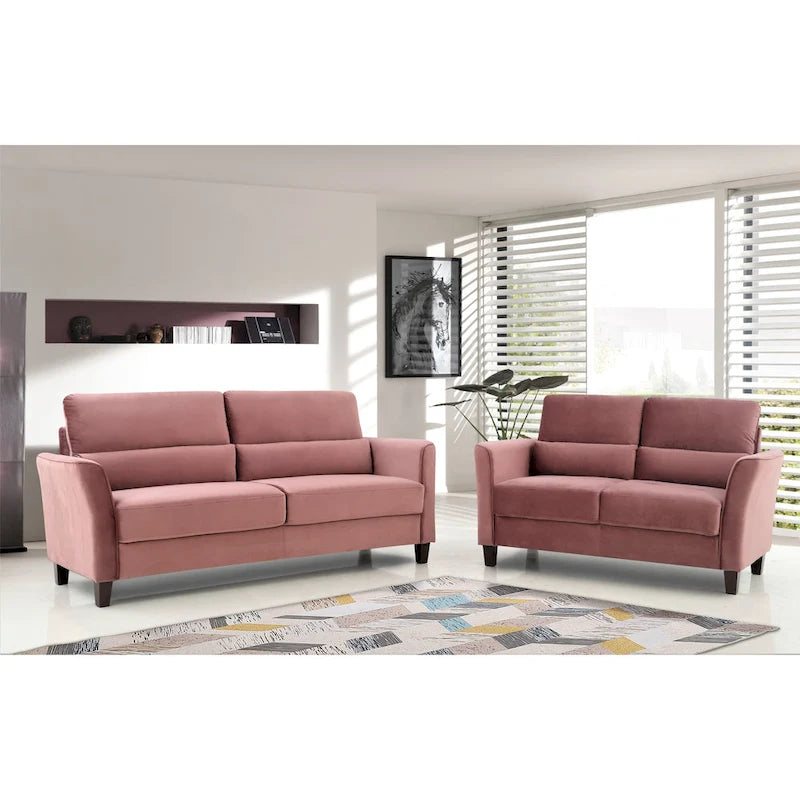 2 Pieces Mid Century Modern Upholstered Sloped Arms Living Room Set, Loveseat and Sofa